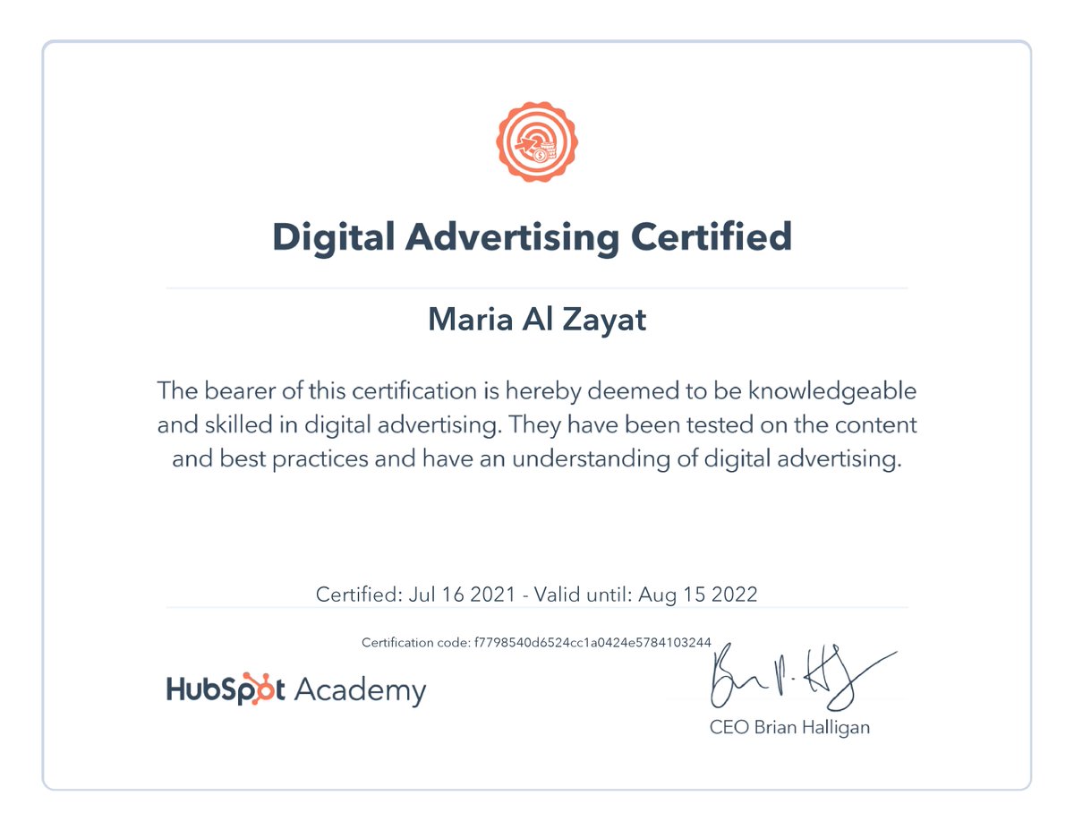 Maria_Zayat's tweet photo. Just completed the Digital Advertising course offered by HubSpot. I learnt about how to create a customer-centric advertising strategy, including journey-based advertising. Highly recommended to anyone looking to reach the right people online! #startupsummer21 https://t.co/lRJOmTuCZT