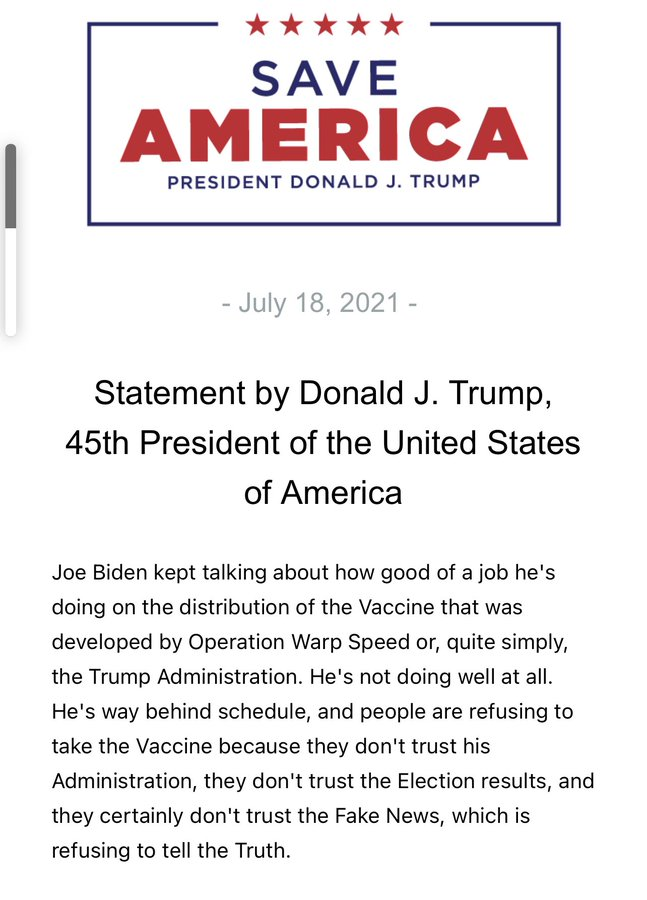 Trump, who had been more or less a proponent and even cheerleader for the vaccines (since he wanted credit for them), is now edging over to justifying vaccine hesitancy and even resistance, so as to stay in sync with his supporters, which will reinforce their vaccine resistance.