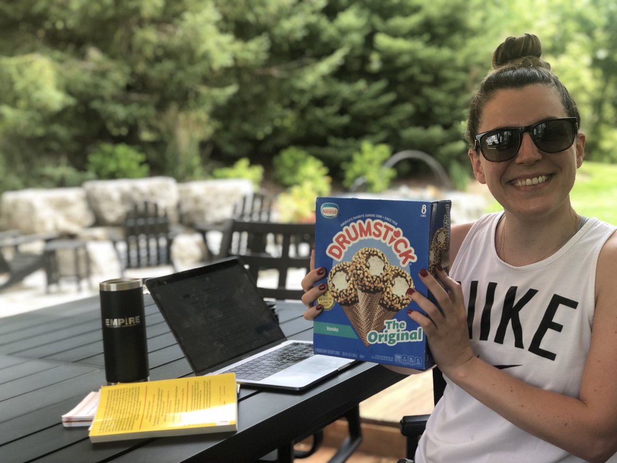 Empire_GP's tweet photo. Catch Charity prepping for the week outside in this beautiful weather! 🌞 In honor of National Ice Cream Day, she went for a CLASSIC from her childhood. 🍨🍦Who remembers these?! 😍

#empiregrowthparnters #EGP #throwback #nationalicecreamday #treatyoself #snacktime  #drumstick https://t.co/K0osVRV0P0