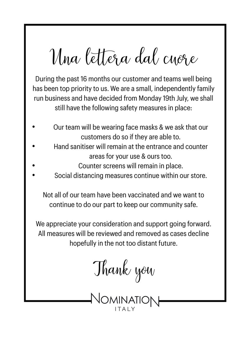 An update on our continuing safety measures at Nomination Sunderland from July 19th 2021.
We will also continue to have our online store to enable our customers to shop direct with our store at sunderlancharm.com

#nominationsunderland #yoursafety #aletterfromtheheart