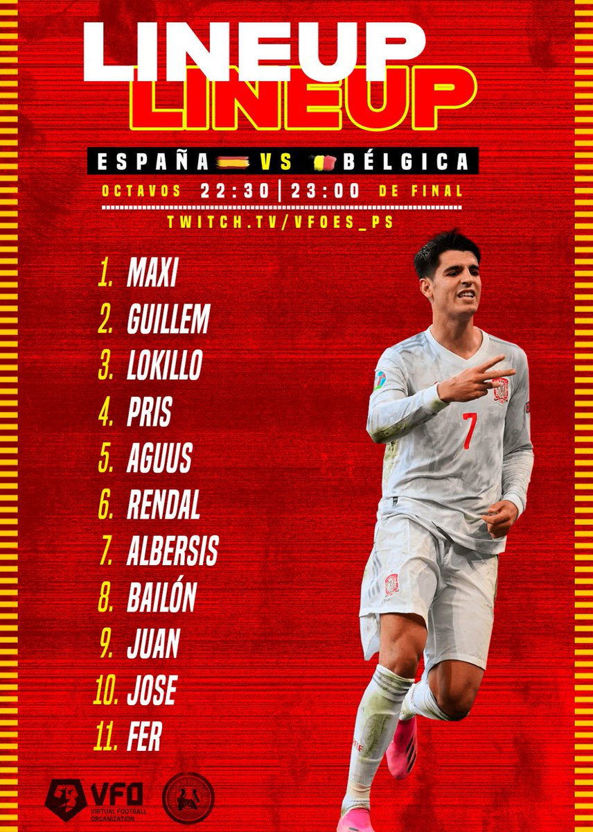SpainNT_PS's tweet photo. Alineación oficial para enfrentarnos a Bélgica en los Octavos de final de la Eurocopa organizada por @acf_proclubs.

Podéis seguirlo a las 22:30 en https://t.co/fdYH1DgtsY. https://t.co/eWXHLONz9K