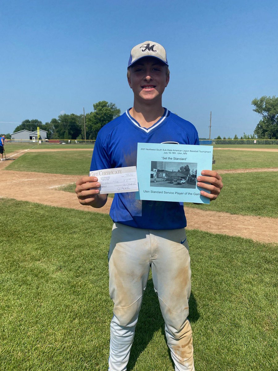 NCEUHBaseball's tweet photo. The Ulen Standard, Set the Standard, Player of the Game is Derin Gaudetter from New York Mills. Derin had 4 hits, 4 RBIs, and two stolen bases. Go https://t.co/So99Lpr2jT