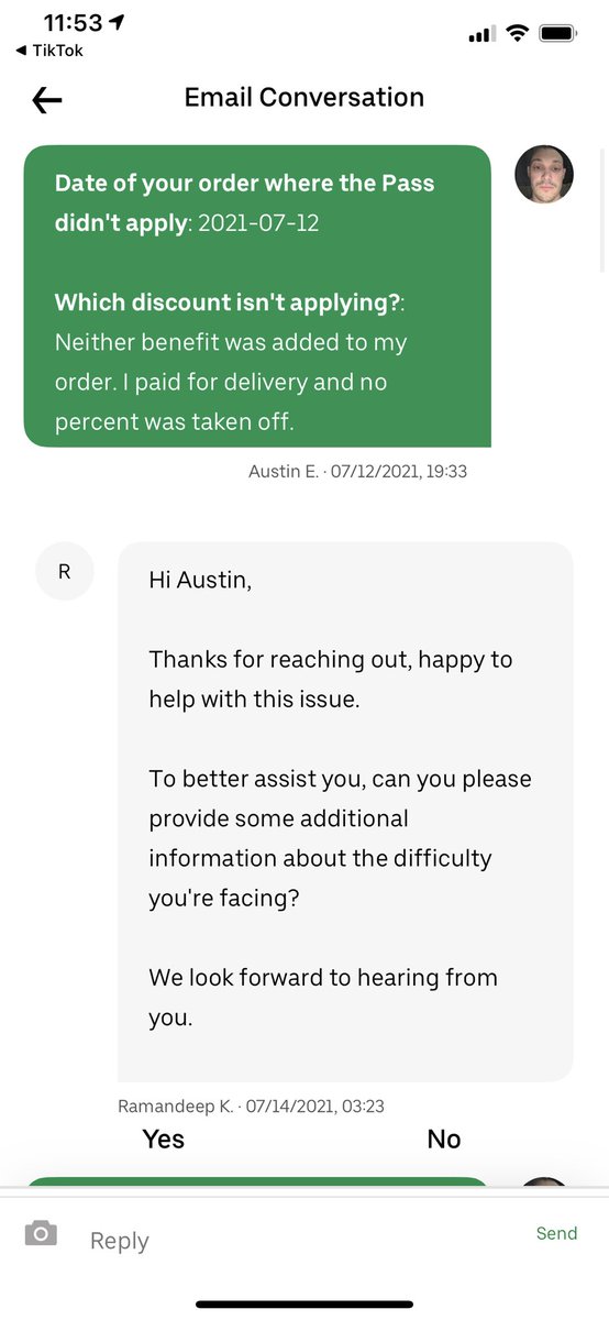 MessedUpVeteran's tweet photo. So funny things happened. I’ve been going back and forth with @UberEats customer service about having to pay for delivery with eat pass. 
Pretty pissed off their last email sent to me was blaming me for my food being messed up or missing. Check it out! https://t.co/3mCi88I127