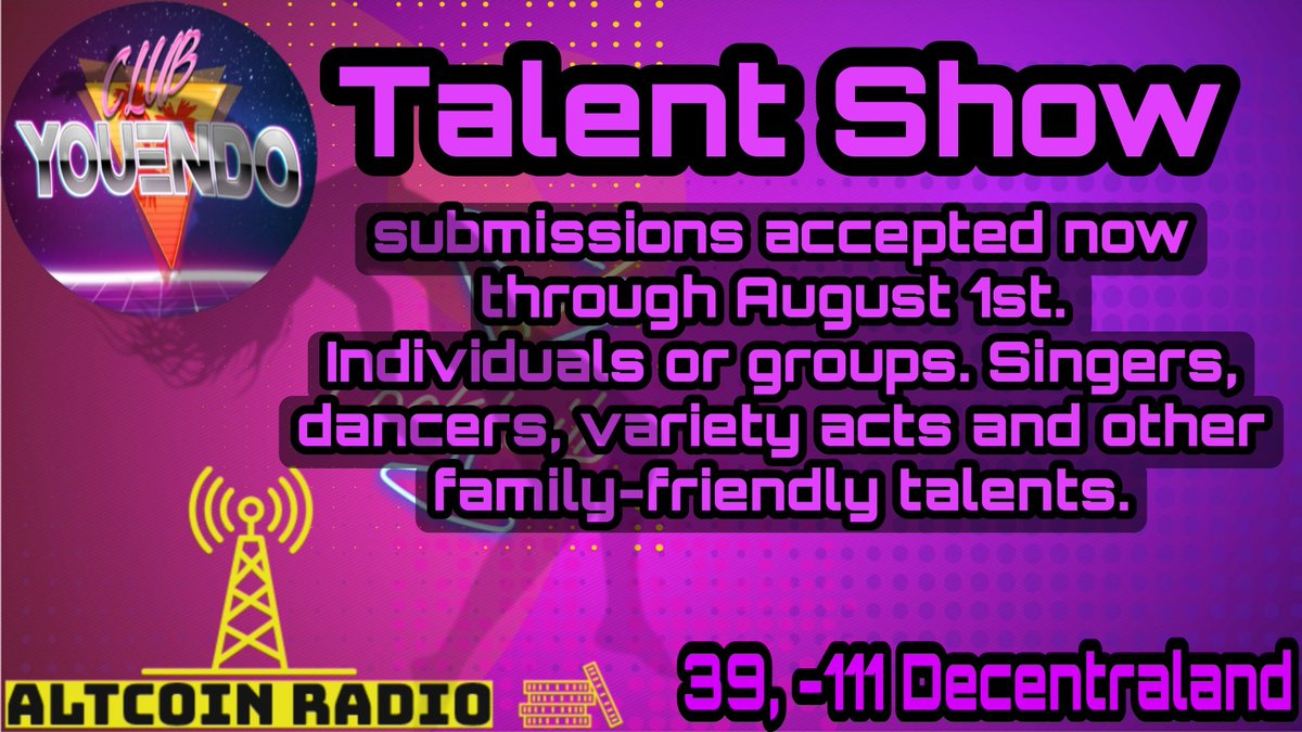 YouEndo1's tweet photo. 🔥😍
#talentshow. Entries will be aired in #Decentraland #art #music #dance #talent
Date:TBD 
Submit here
2-3 min per entry
Decentraradio@gmail.com
#virtualclub #livestream #club #party #nfts #nftart #crypto #cryptoart #nftartist #artistontwitter #artist #Dance #talents https://t.co/cYHbEh6YBL