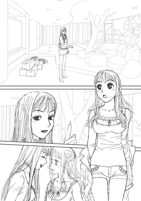 「My doll house」の下描き
台詞フキダシ擬音無し絵その、11

自分なりの豪邸のイメージで勝手な外観や内装を描いてたけど….今だによく分からない〜😅
服もインテリアも古さが中途半端😱 