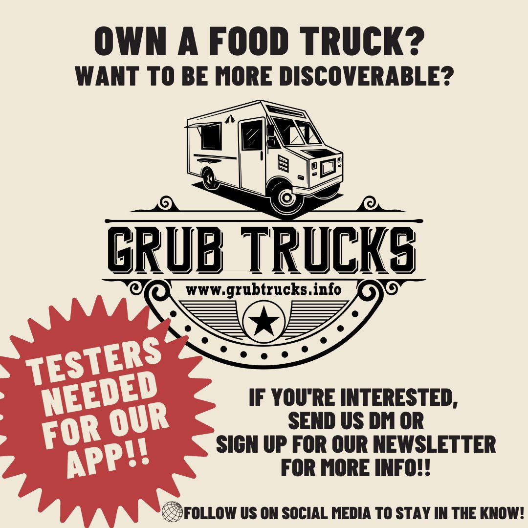 Contact us if you're interested in being a tester! Don't own a truck? Pass this along to your favorites!

#foodtruck #grubtrucks #webdmg #streetfood #favoritefoodtrucks