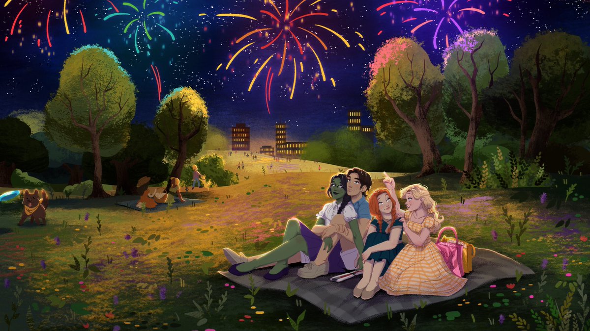 faesflower's tweet image. Thank you @lumieluna for this beautiful commission: one of the final scenes from #ThreadsOfTruth. I loved writing the fireworks in the park scene &amp;amp; can’t stop admiring this!