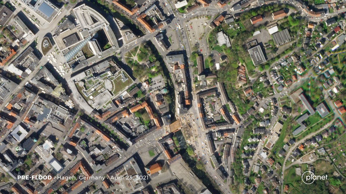 planet's tweet photo. Record rainfall has caused widespread flooding in Western Europe. 

Planet's SkySats captured before and after imagery of Hagen, Germany on April 23, 2021 and today, July 18, 2021. https://t.co/jH5ULUPFp5