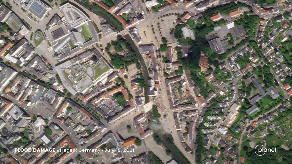 planet's tweet photo. Record rainfall has caused widespread flooding in Western Europe. 

Planet's SkySats captured before and after imagery of Hagen, Germany on April 23, 2021 and today, July 18, 2021. https://t.co/jH5ULUPFp5