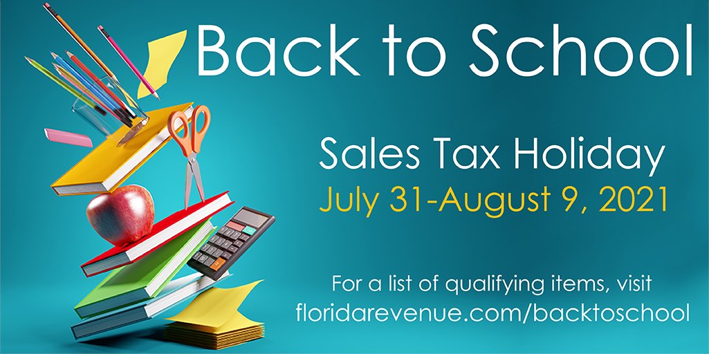 SCPSInfo's tweet photo. Florida's Back-2-School 2021 Sales Tax Holiday will be July 31 - August 9, 2021!  To learn more, visit:  https://t.co/UNIZnukvUU https://t.co/i77KjznVPr