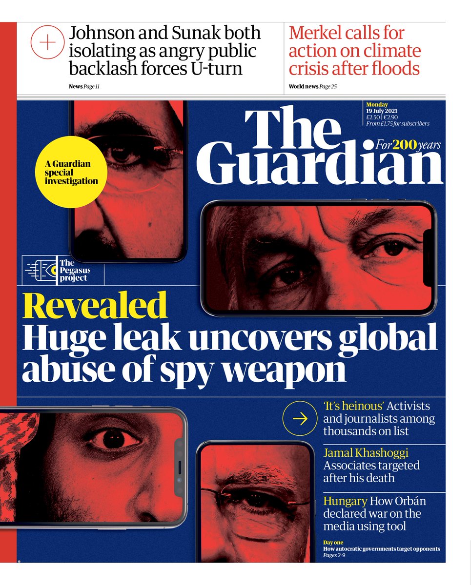 Guardian front page, 19 July 2021: Revealed – Huge leak uncovers global abuse of spy weapon