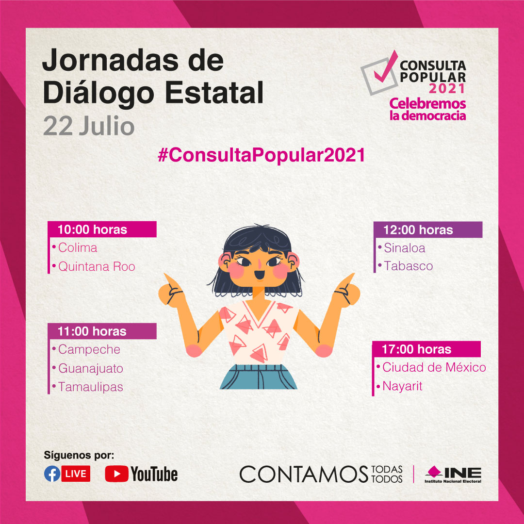 INEJD07ClnSin's tweet photo. #Participa!📢
La #JuntaLocalEjecutiva en Sinaloa te invita a la #JornadaDeDiálogoEstatal que abordará temáticas sobre la #ConsultaPopular2021🙋🏻‍♀️🙋🏻‍♂️

🗓️22/JUL
⏰11H (local)
Transmisión por #FBLive INE Sinaloa

📋Regístrate aquí 👇🏻
🔗 https://t.co/NRNo1UQvtK 

#CelebremosLaDemocracia https://t.co/sG5qrd3g88