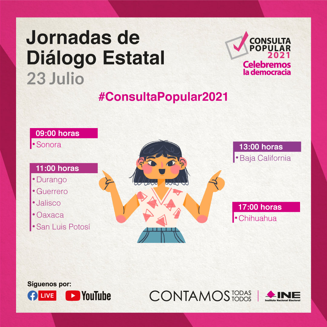 INEJD07ClnSin's tweet photo. #Participa!📢
La #JuntaLocalEjecutiva en Sinaloa te invita a la #JornadaDeDiálogoEstatal que abordará temáticas sobre la #ConsultaPopular2021🙋🏻‍♀️🙋🏻‍♂️

🗓️22/JUL
⏰11H (local)
Transmisión por #FBLive INE Sinaloa

📋Regístrate aquí 👇🏻
🔗 https://t.co/NRNo1UQvtK 

#CelebremosLaDemocracia https://t.co/sG5qrd3g88