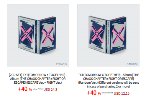 ❤️Collaboration X <a href="/TXTwithMOAs/">TXT with MOAs ∞</a>❤️

💎TXT -   [THE CHAOS CHAPTER : FIGHT OR ESCAPE]   Random ver
                   
💎[2SET]ESCAPE Ver. + FIGHT Ver💎
🔥40% Discount

ktown4u.com/eventsub?eve_n…