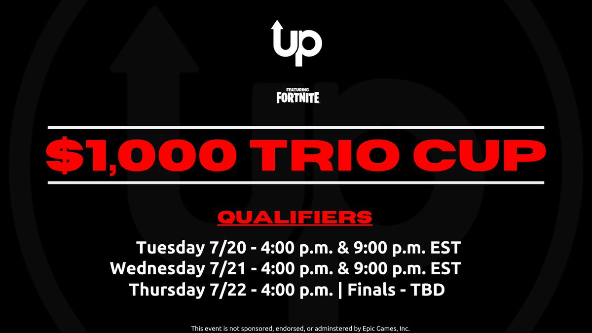 UniversalPrac's tweet image. 🏆$1,000 TRIO CUP🏆

Tuesday 7/20 - Thursday 7/22

🔷5 Qualifiers &amp;amp; 1 Final
🔷Open Participation
💠Tag your trio for a chance to be invited directly to Finals

TO ENTER:

• Sign-up: discord.gg/upscrims
• Like &amp;amp; Follow @upscrims