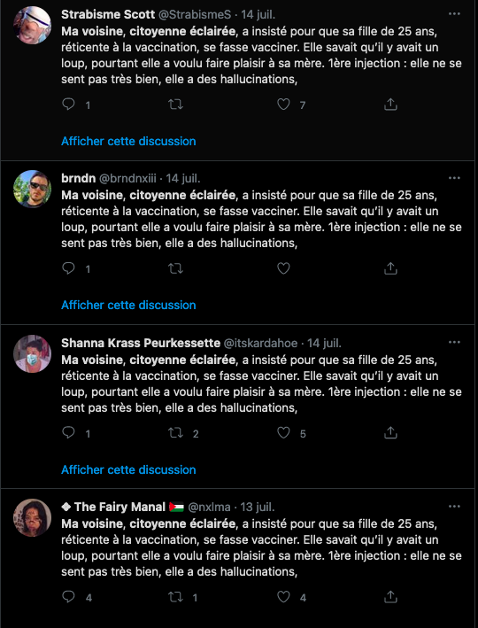 Nain_Portekoi's tweet photo. De deux choses l'une :
1- soit les #Antivaxx habitent tous dans le même quartier et connaissent tous la même voisine éclairée, ou
2- les antivaxx mentent. Tout le temps.
Je vote #LesAntiVaxxMentent https://t.co/Bzg166HMko