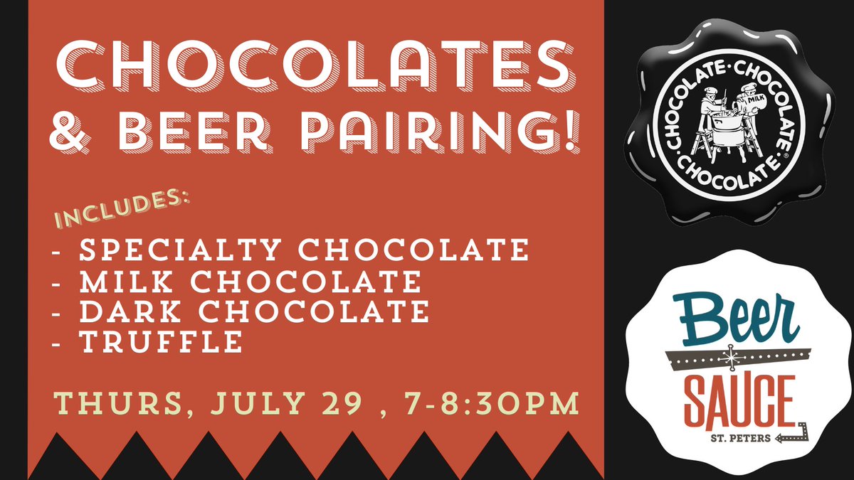 Thurs., July 29th, 7pm-8:30 at BeerSauce St Peters  

Meet the Owner of Chocolate Chocolate Chocolate as we pair 5 of his premium succulent flavors with a flight of rich and decadent craft beer. Learn the history of fudge making and some great DIY chocolate tricks!