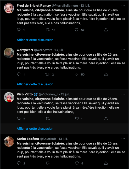 Nain_Portekoi's tweet photo. De deux choses l'une :
1- soit les #Antivaxx habitent tous dans le même quartier et connaissent tous la même voisine éclairée, ou
2- les antivaxx mentent. Tout le temps.
Je vote #LesAntiVaxxMentent https://t.co/Bzg166HMko