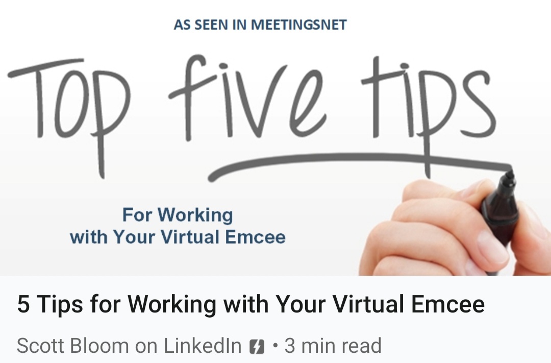 LanceScoular's tweet photo. 😷🙂💻📱   5️⃣ Tips for Working with Your Virtual Emcee
 
by Scott Bloom @BloomConnects
Author of 📔 "You CAN Judge a Book by Its Cover"
 
#emcee #virtualemcee  #events #meetings 
 
https://t.co/IGB5DNFEnC https://t.co/X80jX76pm6
