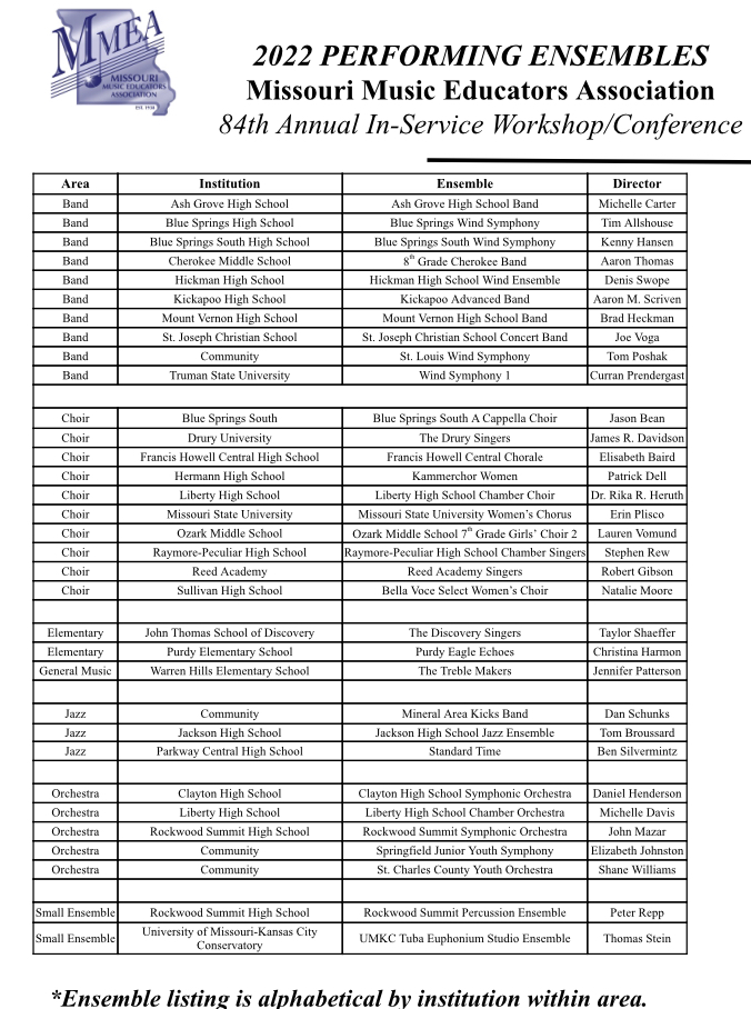 Proud to share that the Parkway Central Standard Time Vocal Jazz Ensemble has been selected to perform at the Missouri Music Educators Association 84th Annual In-Service Workshop/Conference!