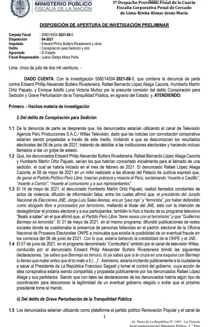 acollantes_r's tweet photo. #Ahora La Fiscalía abrió investigación preliminar por 30 días a Phillip Butters, el excandidato de ultraderecha Rafael López Aliaga, el conductor Beto Ortiz y otros por llamar a desconocer los resultados electorales a favor de Pedro Castillo. @Politica_LR https://t.co/GeLowVLjgw