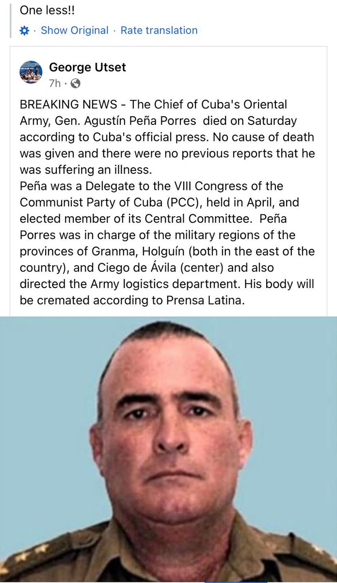 AcuarelaAriana's tweet photo. Sospechosa la muerte de este Jefe del Ejercito de la zona Oriental de #Cuba ..Porque cremaron su cuerpo?? https://t.co/MkXJ7tKJQY