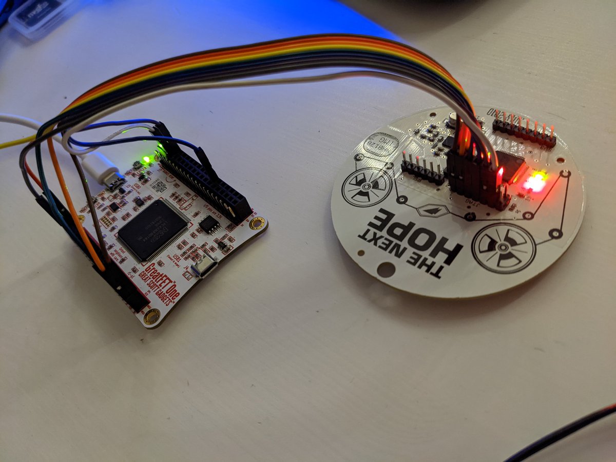 jamchamb_'s tweet photo. I only recently found out the 2010 HOPE badge was also a GoodFET, but I did distinctly remember there was some kind of puzzle hidden in the firmware. In keeping with doing this 11 years late, I dumped the firmware with a GreatFET and found some ciphertext and a raw RGB565 image https://t.co/hg8duayVzR