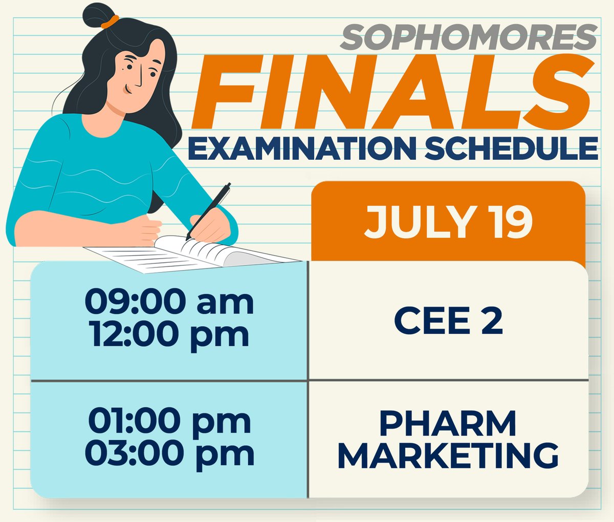 SPCChiPharmakon's tweet photo. βDiscipline is the bridge between goals and accomplishments.β - St. Teresa of Calcutta
Feel the heat of the summer as the Final examination is about to commence!
Take a look at your schedule below. God bless! π
#LabanPharmaπ
#PharmaTranscendsπͺπ» https://t.co/kUhI1qqKKb