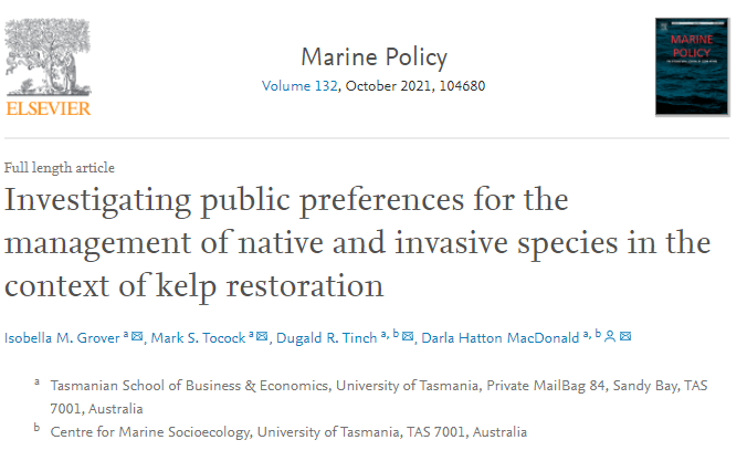 📣 New paper!! 📣
Do you like #lobsters? #Kelp? #Urchins? #Restoration? #EconomicResearch? Of course you do! Check out the new #MarinePolicy paper from Isobella Grover, Mark Tocock, and @CMS_UTas members Dr Dugald Tinch & Assoc Prof Darla Hatton MacDonald!
