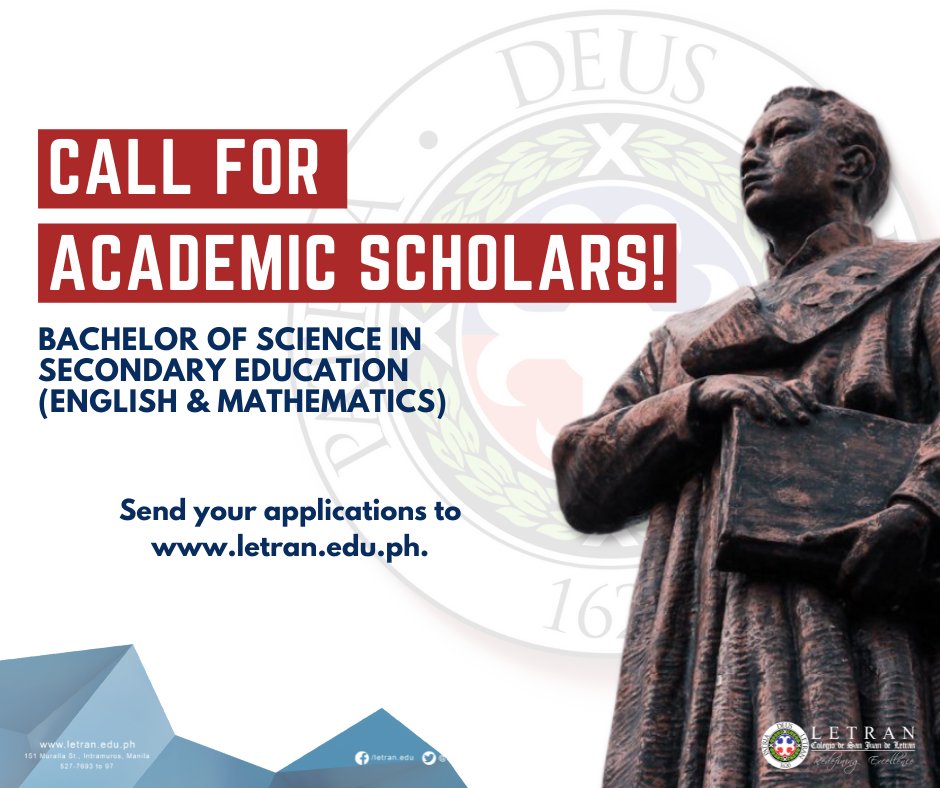 LetranOfficial's tweet photo. We are looking for academic scholars in Bachelor of Science in Secondary Education (ENGLISH &amp; MATHEMATICS)

Apply now at https://t.co/crBnbNtDXn and receive confirmation via email to take the scholarship examination.

The deadline of application is until Friday, July 31, 2021. https://t.co/1xTHytLBoM
