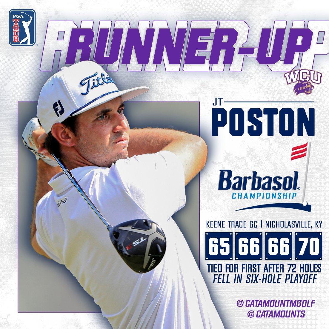 Catamounts's tweet photo. WHAT A SHOW to close today's @BarbasolChamp! Proud of @CatamountMGolf alum JT Poston (@JT_ThePostman) on a tremendous showing, leading into the weekend and battling through a SIX-hole playoff. Congrats to @ETSUAthletics alum Seamus Power (@Power4Seamus) on his first @PGATOUR win! https://t.co/wjEakHHl2l