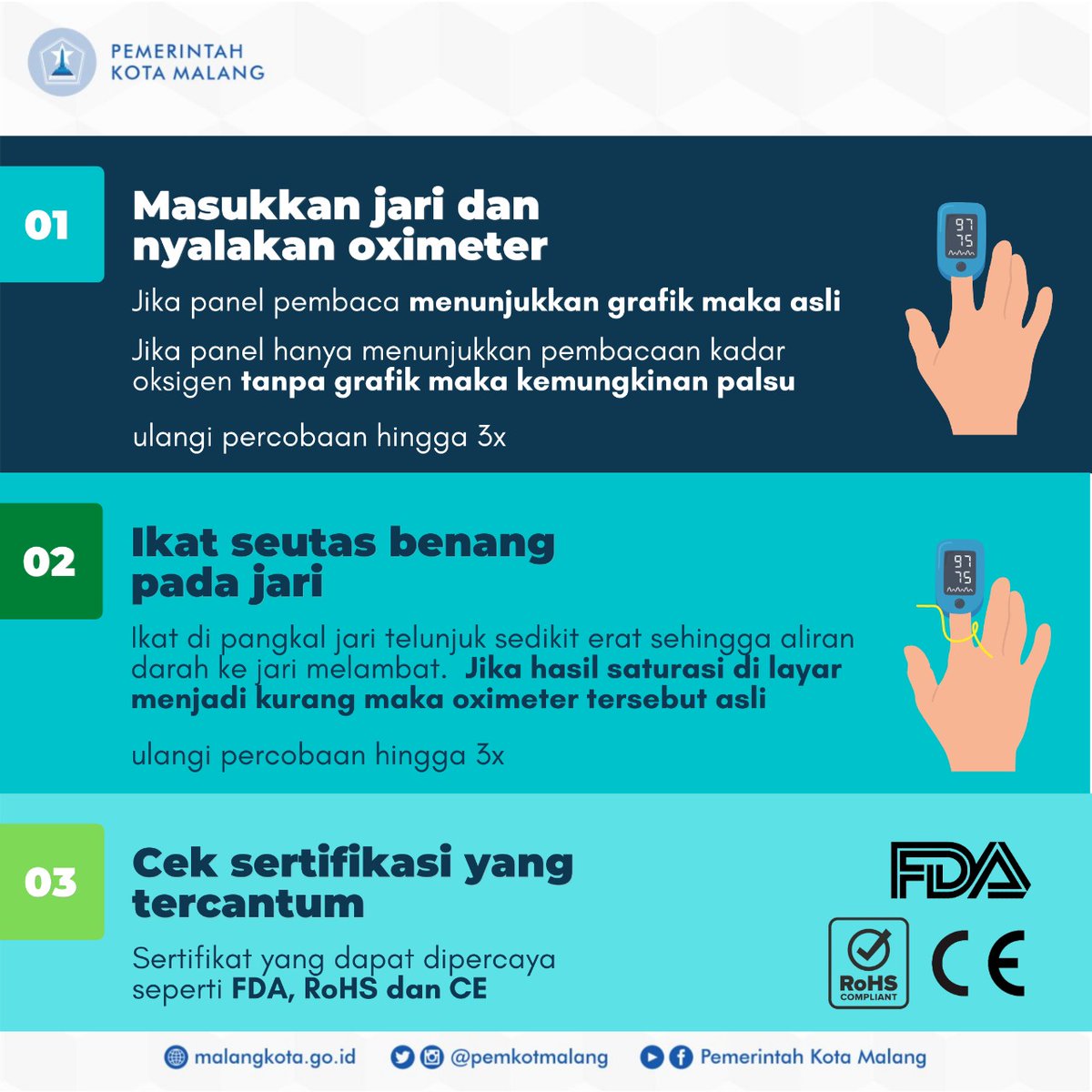 PemkotMalang's tweet image. #NawakNgalam Permintaan alat pendukung isolasi mandiri seperti oximeter untuk mengukur saturasi dan detak jantung saat ini meningkat.  Agar tidak keliru saat membeli, berikut beberapa tips untuk mengecek oximeter.  

Sumber : @IndonesiaBaikId
