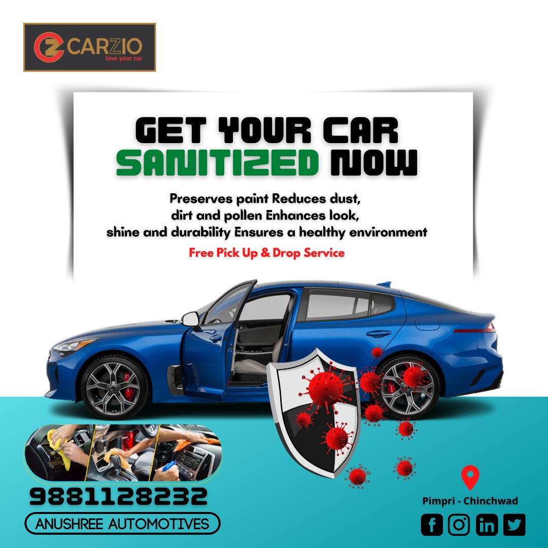 AnushreeAuto's tweet photo. Keep your car's interior 99.9% clean &amp; germ free
 
The most effective way to deal with this is to get your car periodically sanitized by us

#anushreeautomotives #carservices #carsanitizing #sanitizingtreatment #carautomotives #carsanitization #germfree #carprotect #chinchwad https://t.co/EgC9X0Zspd