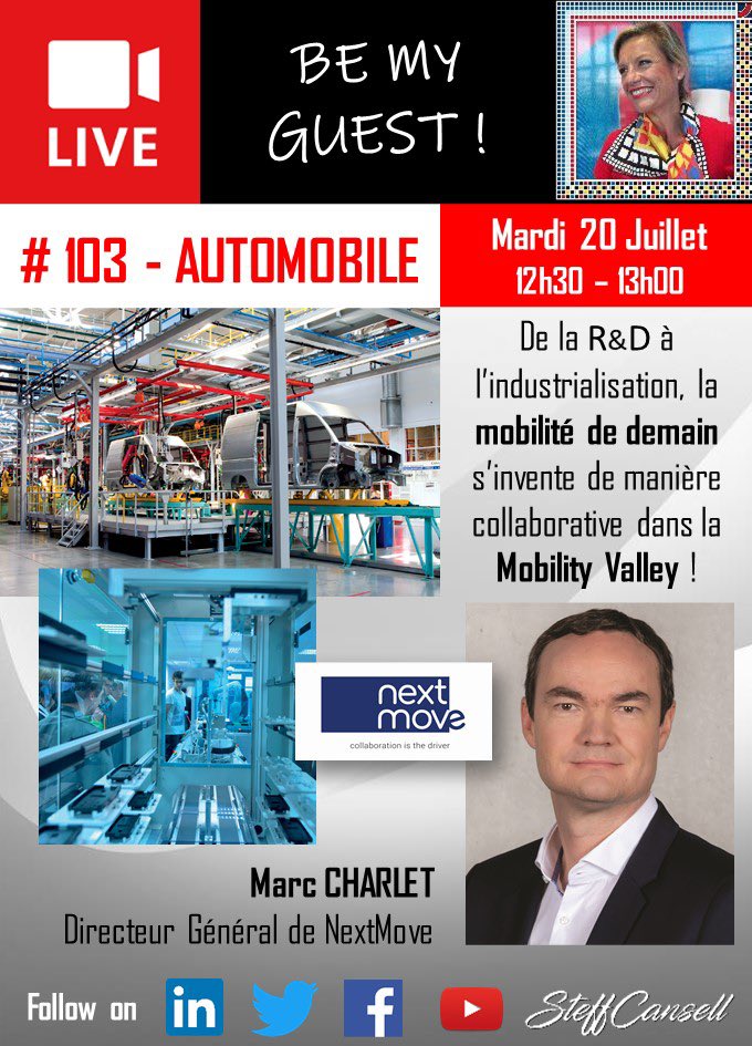 steffcansell's tweet photo. Pour que la #mobilité du futur soit développée en France, berceau de l’#automobile, @NextMoveCluster a créé la #MobilityValley, fédérant les talents. RV mardi 20 à 12h30 dans #BeMyGuest LIVE sur 👉Twitter @steffcansell, avec @CharletMarc, DG. @PFA_auto @CNPA @LucChatel #startup https://t.co/o0Pb2wHBAR