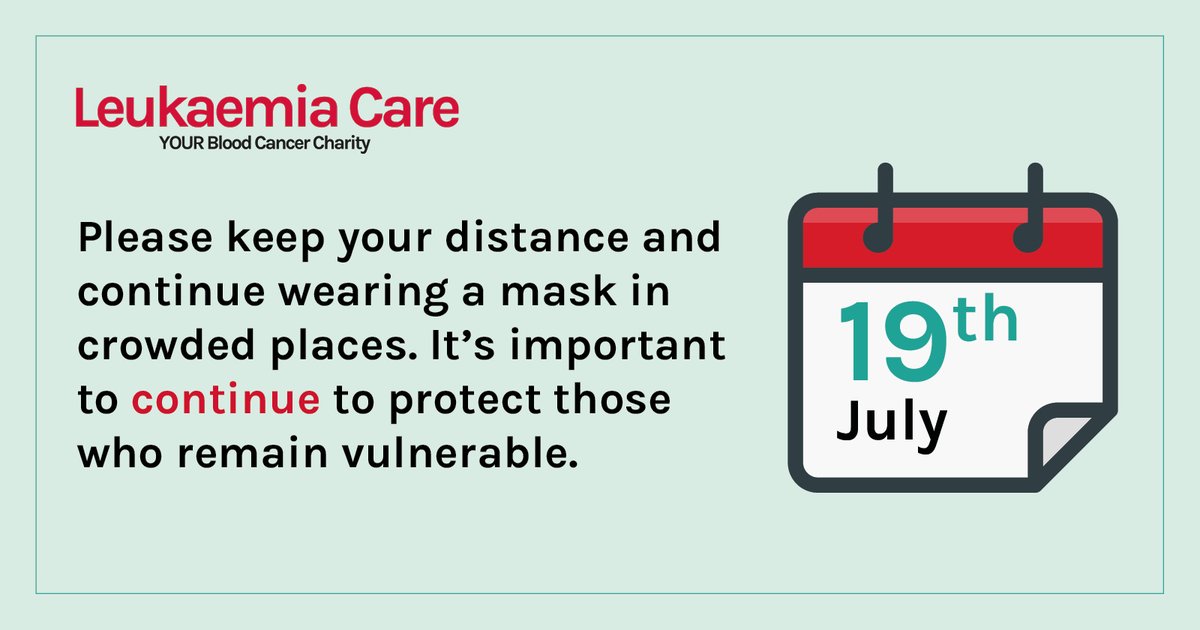LeukaemiaCareUK's tweet image. Today is 'Freedom Day' in England. For many it is not 'freedom' day at all. 

Protect the most clinically vulnerable and help people with leukaemia feel safer in their everyday lives, by social distancing and wearing masks in crowded places. 

#FreedomDay #ProtectLives