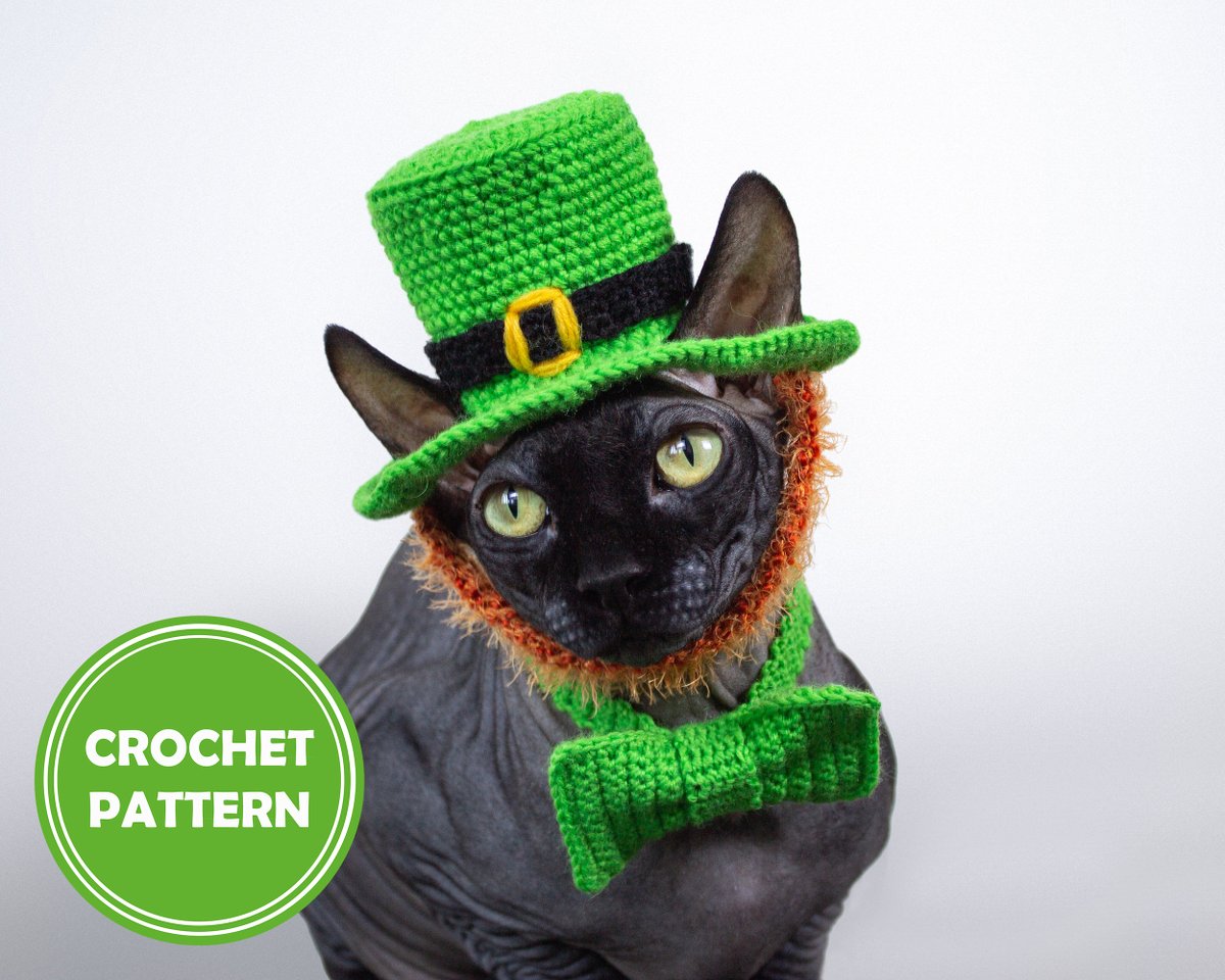 ClothesForCat's tweet photo. Excited to share the latest addition to my #etsy shop: St Patrick's costume for cat crochet pattern PDF// Leprechaun hat with a beard and bow tie with collar for cat https://t.co/mjaEtFRROE #birthday #stpatricksday #crochet #catcrochetpattern #catcostume #costumeforcat https://t.co/i17aoYGqhF