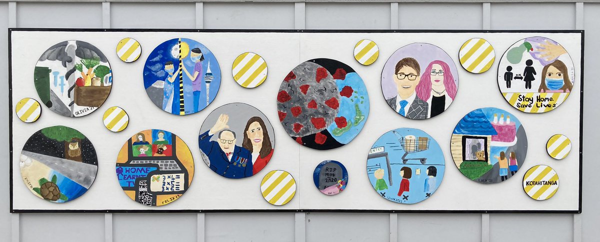 caroteaches's tweet photo. @SiouxsieW, you and Dr Bloomfield feature in my Russell St Sch, Palmerston North, Yr6 students’ COVID Lockdown 2020 retrospective mural! Included for your contribution to our understanding of the COVID19 science! You two were painted by Shannon (age 10)! https://t.co/EjSFoiBXPz