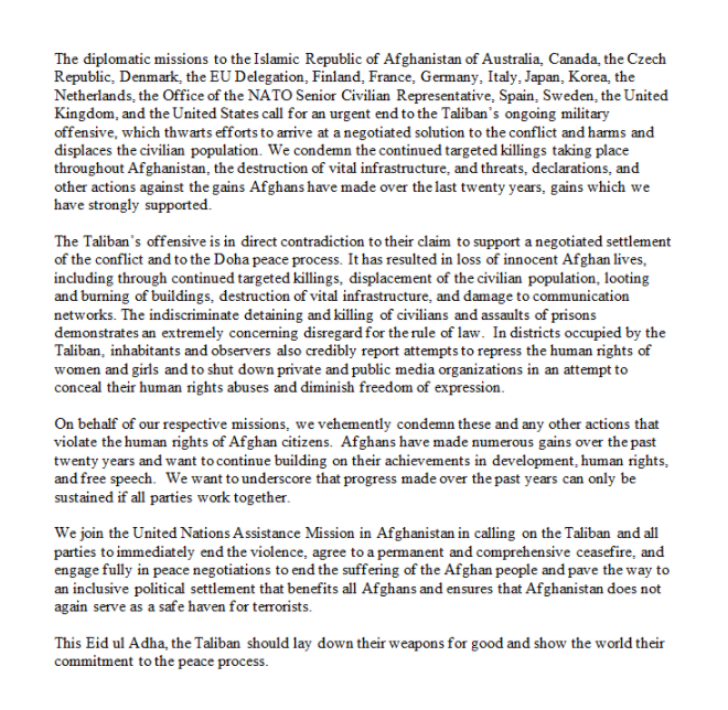 EUinAfghanistan's tweet photo. Please read our joint statement with 🇦🇺🇨🇦🇨🇿🇩🇰🇫🇮🇫🇷🇩🇪🇮🇹🇯🇵🇰🇷🇳🇱🇪🇸🇸🇪🇬🇧🇺🇸 + @NATOscr calling for the Taliban to end its ongoing military offensive. https://t.co/KKXXYSkihD