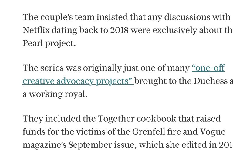 Even Netflix and the Sussex camp can’t keep their stories straight. Was the series created by M, or was it “brought to her” - those are two different situations. Not that the nuance of it changes anything, but it just is so strange that they keep lying about the details.