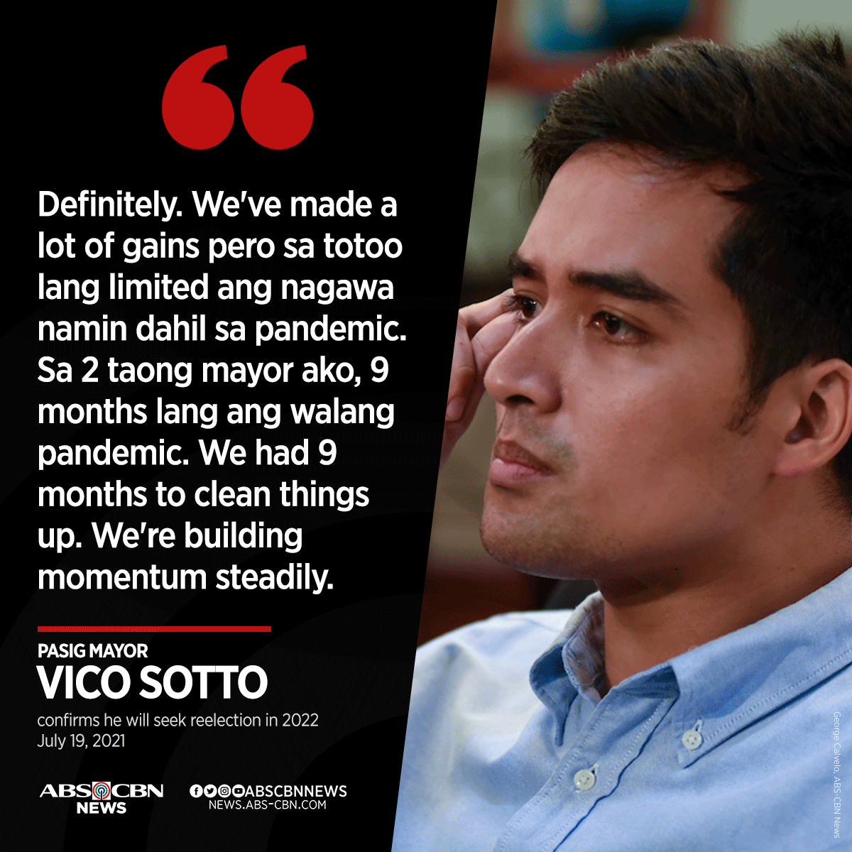 ABSCBNNews's tweet photo. NOT YET FINISHED. Pasig City Mayor Vico said he'll be seeking reelection on #Halalan2022 to continue his plans for development and service to Pasigueños. 
 
READ: https://t.co/lh6yuvD6CY https://t.co/G4p0o7dAvP