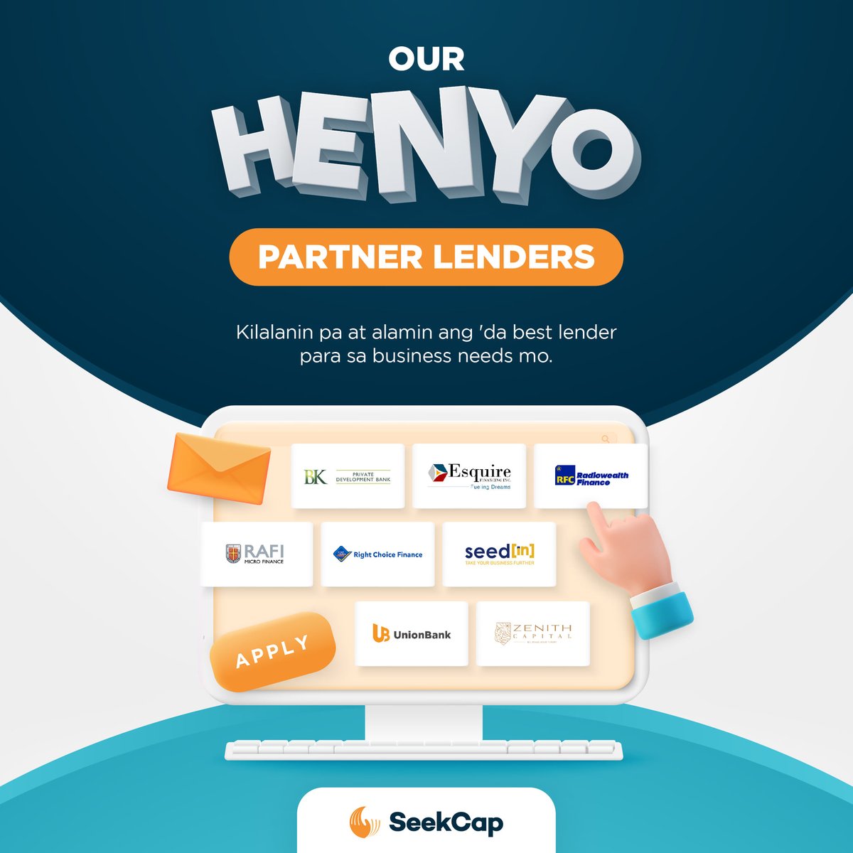Nakipag-partner kami sa mga dekalidad na lenders na tiyak swak sa kailangan ng business mo at sa hinahanap mo sa isang lender.

Minimal requirements, longer payment terms, high loan amount? Andito 'yan lahat sa SeekCap! 😉

Apply na bit.ly/SeekCapPartners