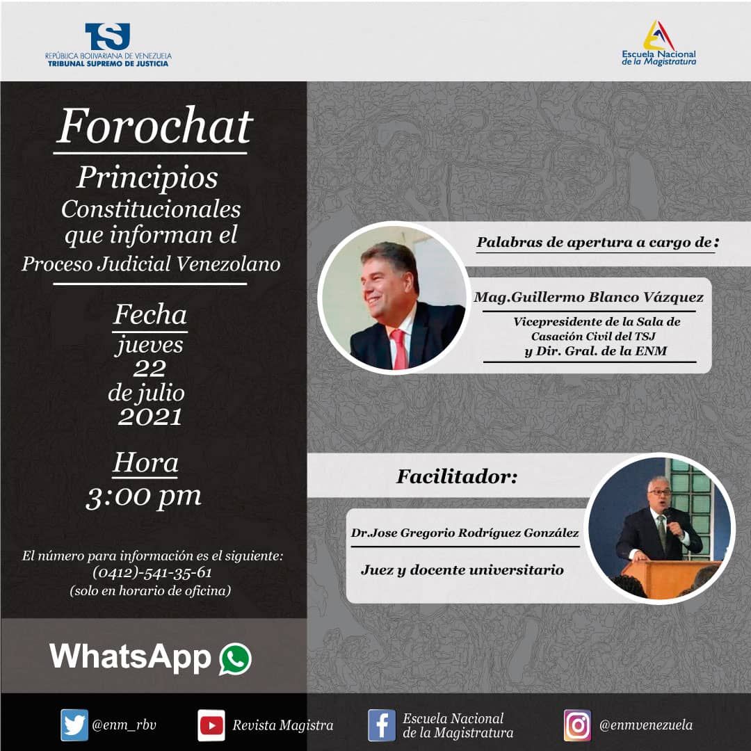 enm_rbv's tweet image. La #ENM le invita a INSCRIBIRSE en el Forochat:

"Principios Constitucionales que informan el Proceso Judicial Venezolano"

Facilitador: Dr. José Gregorio Rodríguez González. 
Docente, conferencista y actualmente Juez Provisorio del Tribunal Agrario del estado Carabobo.