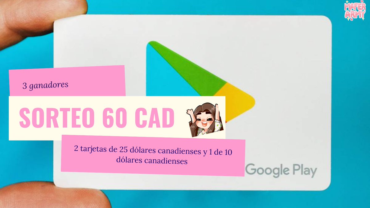 💸SORTEO DE 3 TARJETAS GOOGLE PLAY💸
2 DE 25 DÓLARES CANADIENSES Y 1 DE 10 CAD😳

✨REQUISITOS✨
- SEGUIR A 
<a href="/Aaronpuente01/">puenteSv</a> 🎮
<a href="/mafertejeda10/">MAFER TEJEDA 10 ౨ৎ</a> 🎀
 - DAR RT 🔁💖
- ETIQUETAR A 1 AMIGO 😇

SERÁN 3 GANADORES👌🏻 se darán a conocer en vivo el próximo mes
MUCHA SUERTE A TODOS🍀🤞🏻
