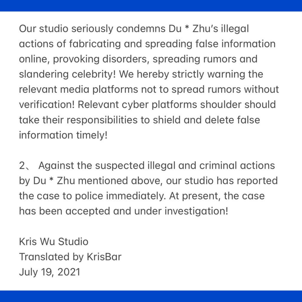 KrisWuPakistan's tweet photo. 19.07.2021 Kris Wu @KrisWu Studio Weibo update 

The chat records that Du * Zhu posted on the Internet are FAKE, as we have never registered WeChat or Weibo account in the name of studio! 

#KrisWu #WuYiFan 
Eng: KrisBar_Wuyifan https://t.co/7OFJnZFAYq