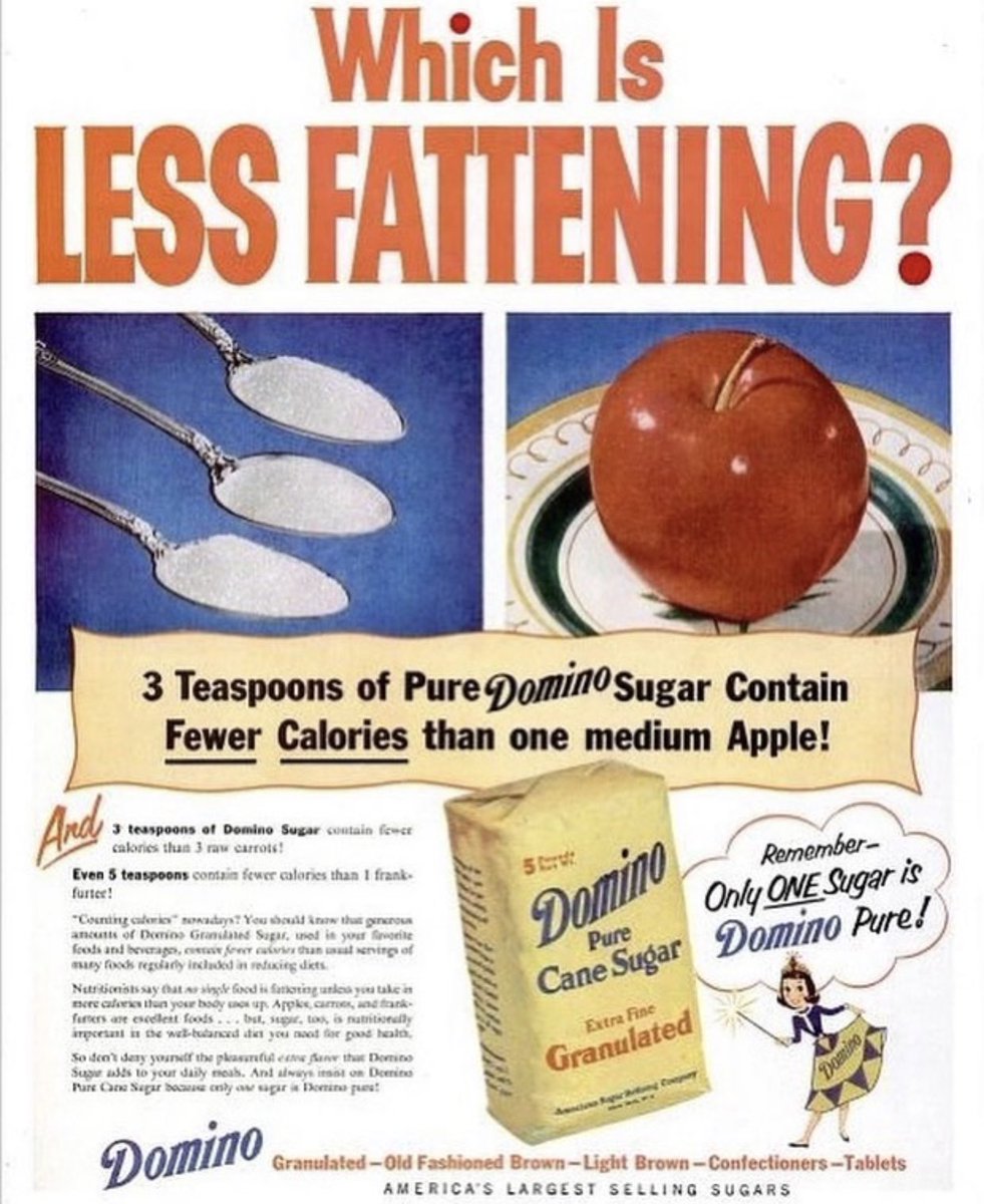 herrmanndigital's tweet photo. Advertising in 1953. Sugar is healthier than an apple. https://t.co/fAzZNlPSoc