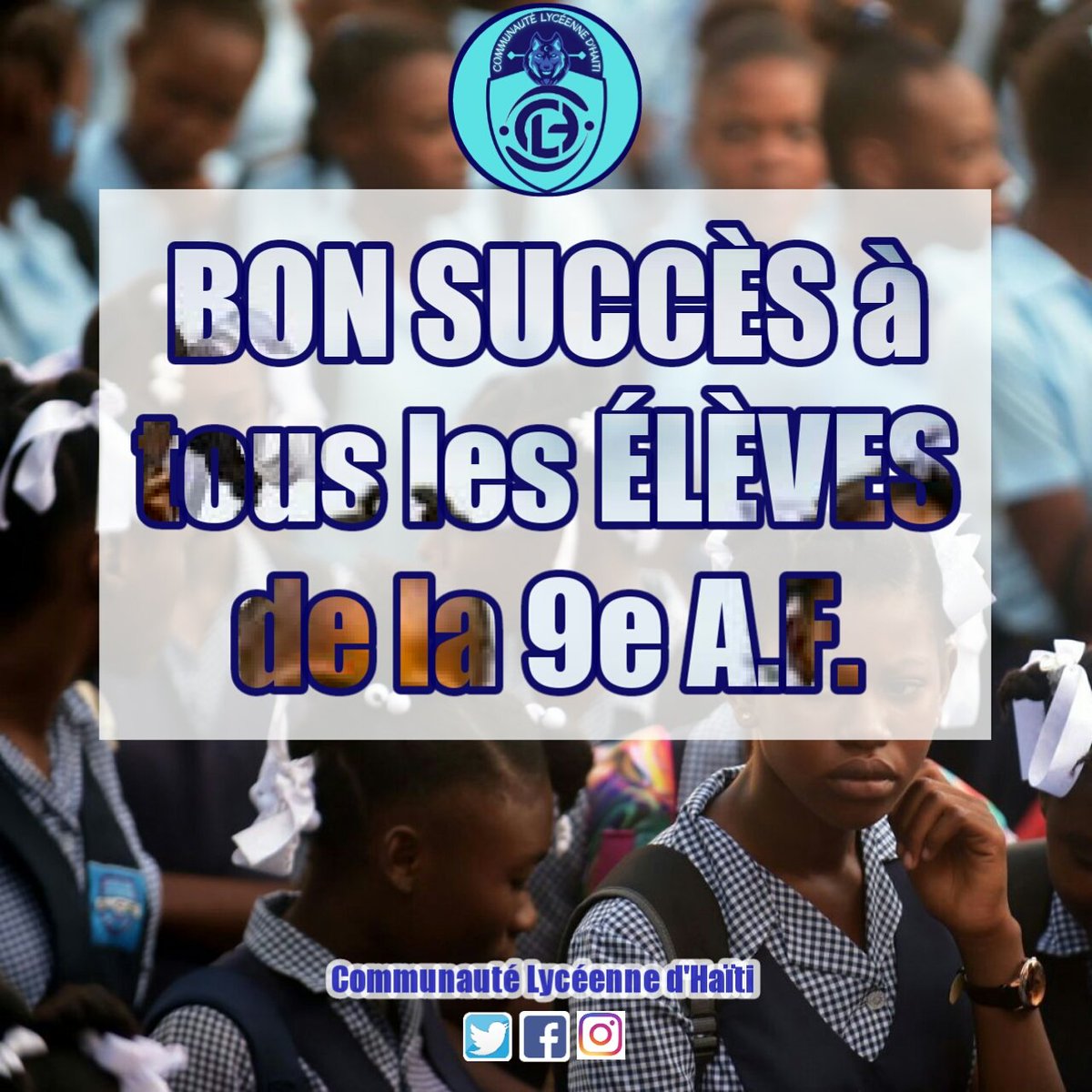 La Communauté Lycéenne d'Haiti (CLH) souhaite bon succès à tous ceux et à toutes celles qui vont subir les épreuves de fin d'études fondamentales (9eme A.F.) cette année.

#examen #fin #etudes #fondamentales #menfp #9eannee #haiti #lycéens #lycéennes #communauté #clh