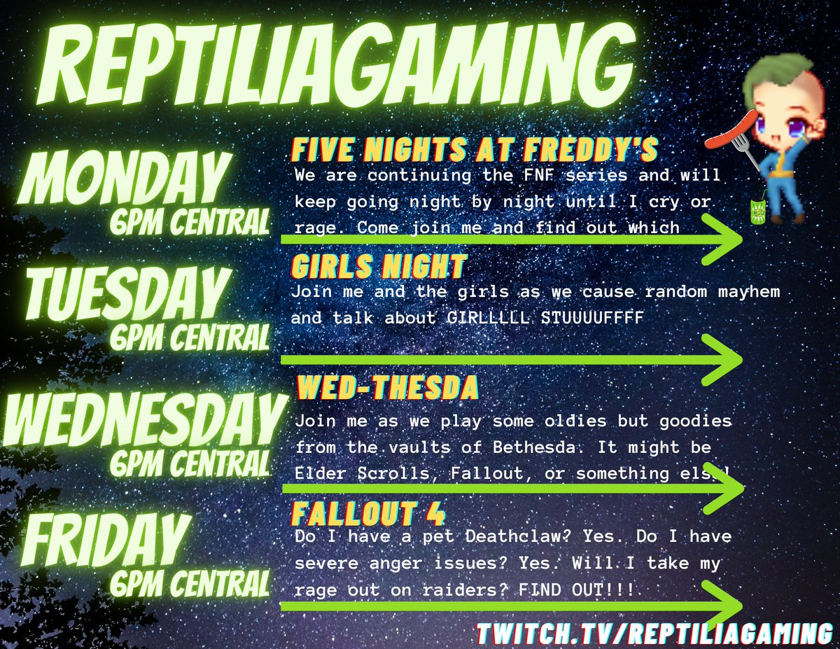 ReptiliaGaming's tweet image. Stream Schedule for this week! 7/19 - 7/23 &amp;lt;3