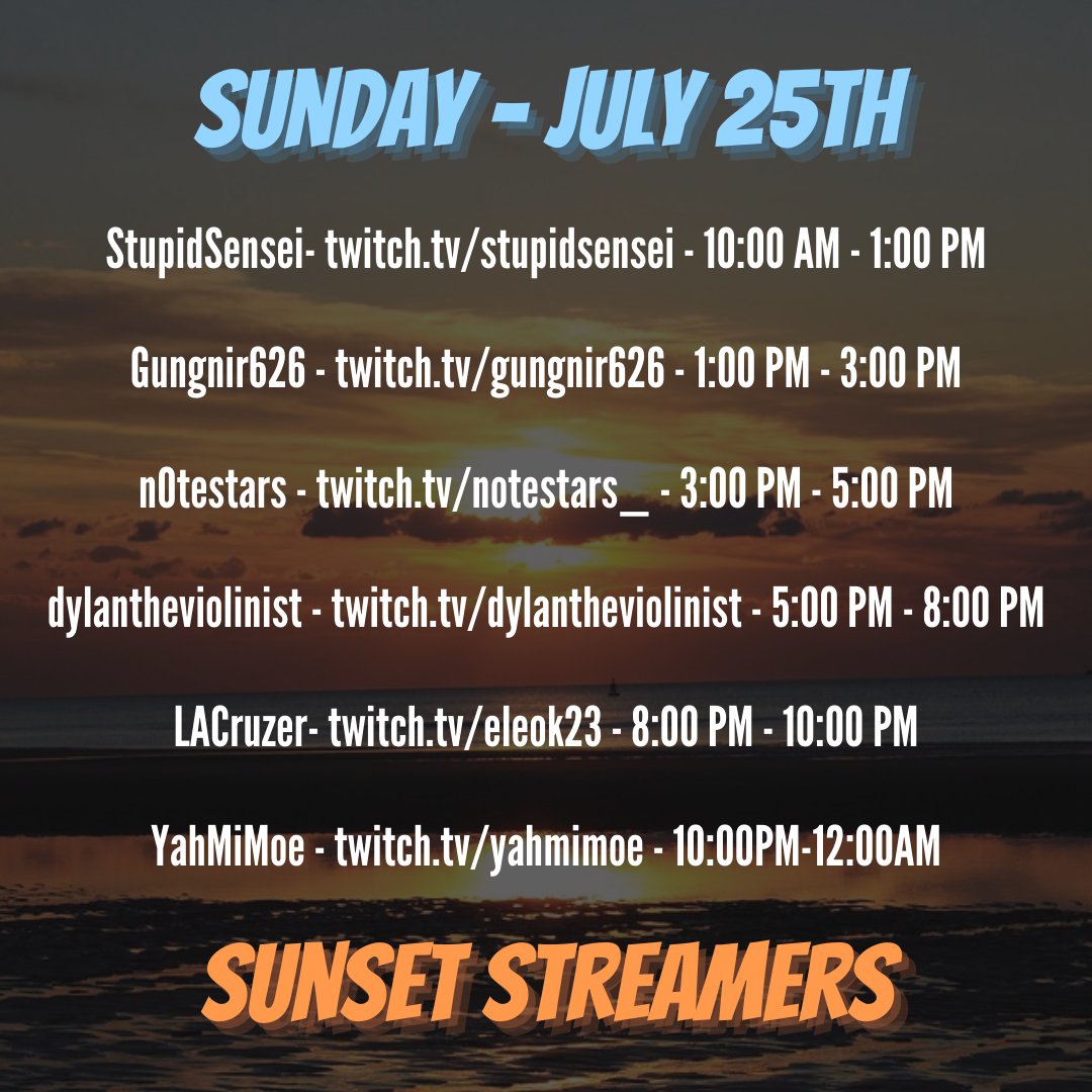 StormRushGaming's tweet photo. The Peace of Mind schedule is looking great. Plenty of great streamers to catch for a great cause that include the likes of @ameobeaaa, @eloek23, @NoteStars_, @CoolkiddVids, @Gungnir626, @doofus_sensei, & many others.
#SunsetStreamers #charity https://t.co/rkFw1BAyDa