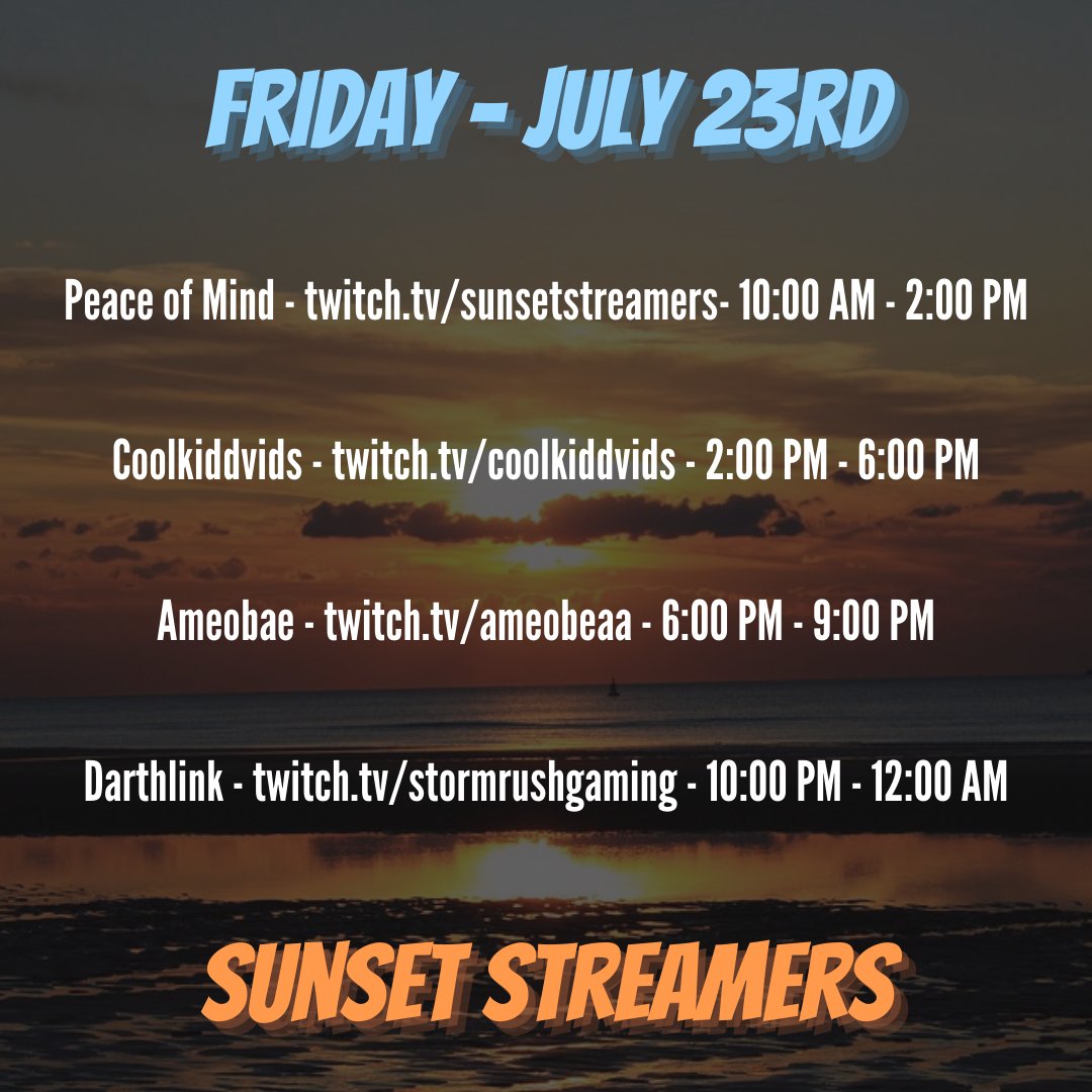 StormRushGaming's tweet photo. The Peace of Mind schedule is looking great. Plenty of great streamers to catch for a great cause that include the likes of @ameobeaaa, @eloek23, @NoteStars_, @CoolkiddVids, @Gungnir626, @doofus_sensei, & many others.
#SunsetStreamers #charity https://t.co/rkFw1BAyDa