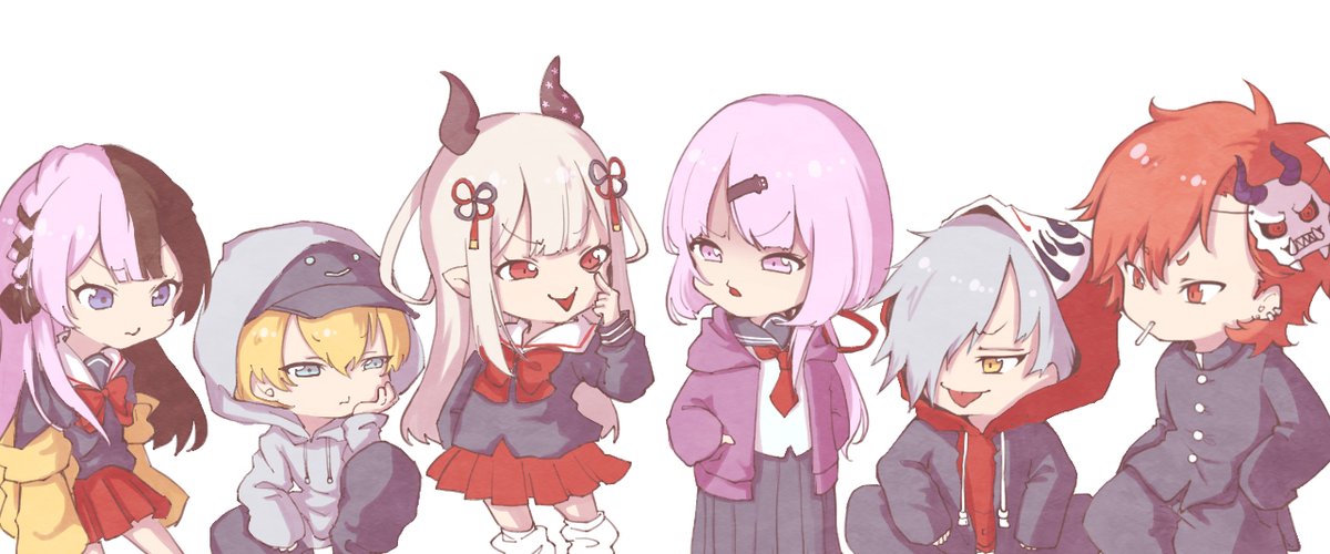 kuzuha (nijisanji) ,shiina yuika multiple girls hood multiple boys skirt akanbe school uniform pink hair  illustration images